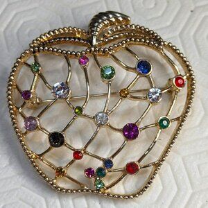 Apple Large Brooch Gold Tone Multi Color Rhinestones Lattice Style Vintage